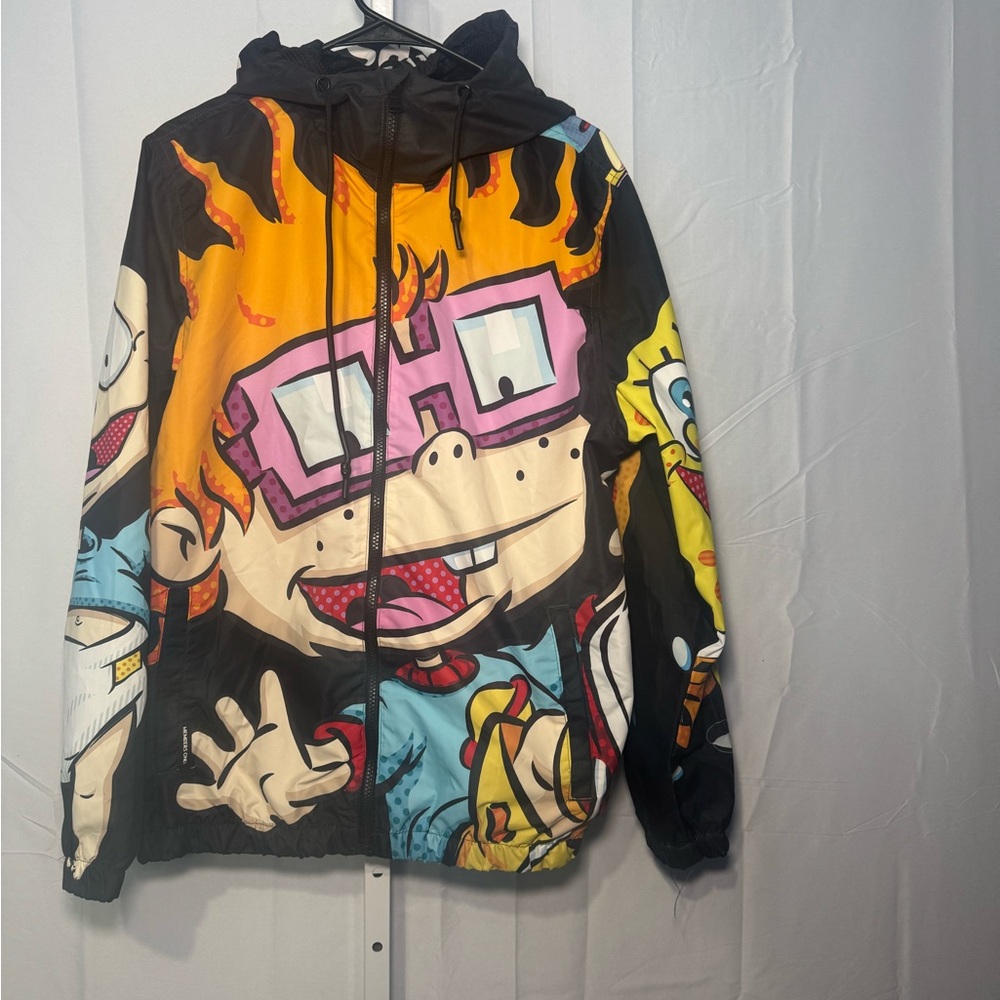 Members Only Nickelodeon Black & Cartoon Hooded  Windbreaker Jacket Size M
